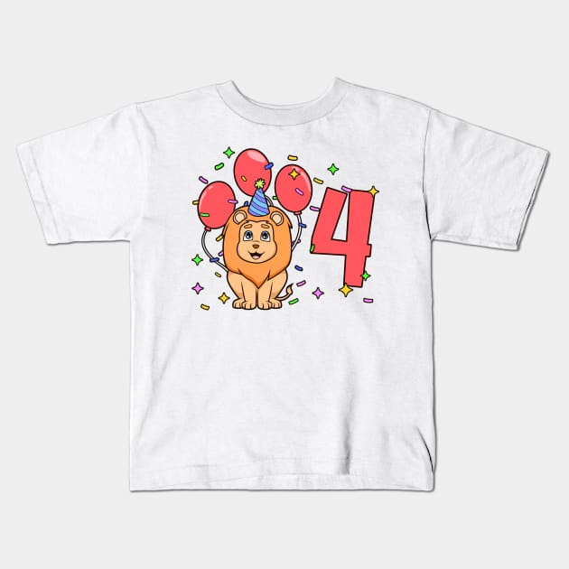 I am 4 with lion - kids birthday 4 years old Kids T-Shirt by Modern Medieval Design